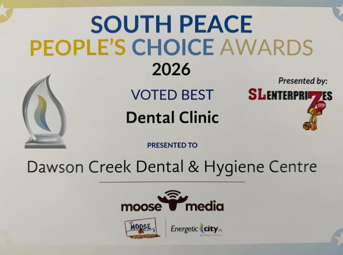 South Peace People's Choice Awards 2026 certificate — Voted Best Dental Clinic, presented to Dawson Creek Dental & Hygiene Centre