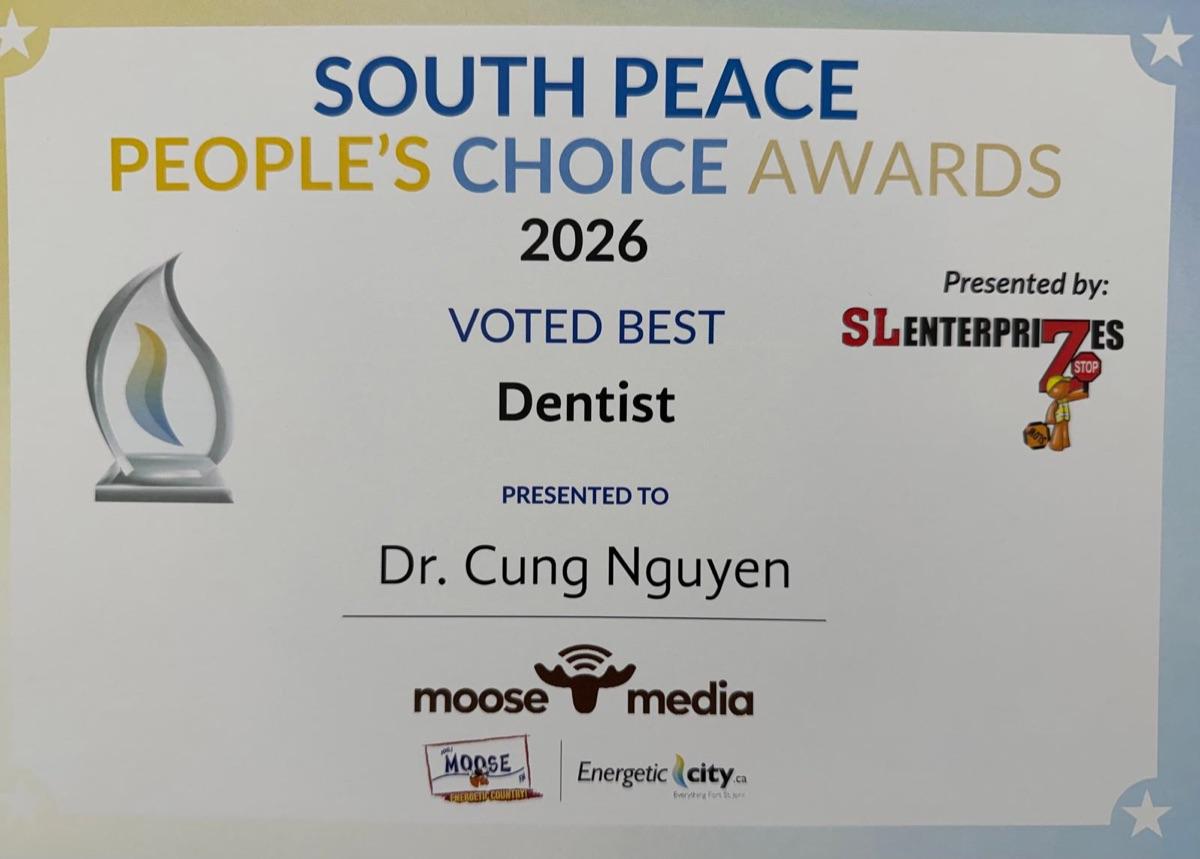 South Peace People's Choice Awards 2026 certificate — Voted Best Dentist, presented to Dr. Cung Nguyen