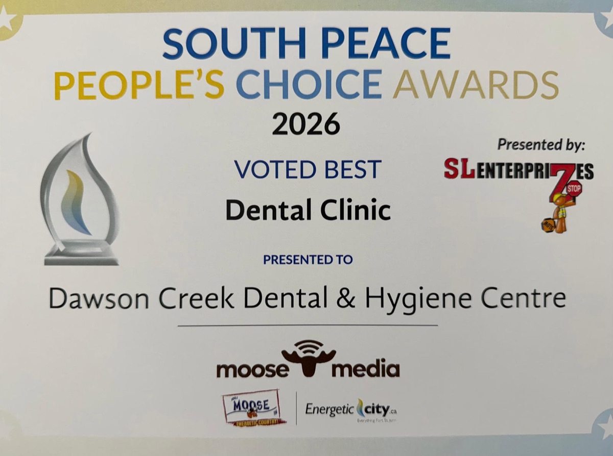 South Peace People's Choice Awards 2026 certificate — Voted Best Dental Clinic, presented to Dawson Creek Dental & Hygiene Centre